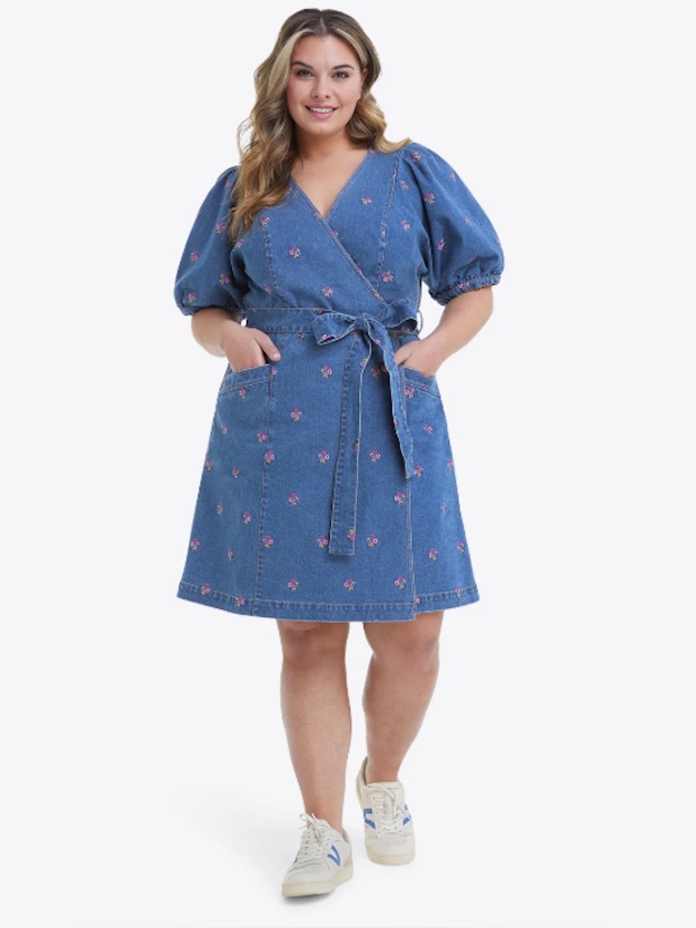 Draper James Blue Denim Wrap Dress with Floral Embroidery Size 18